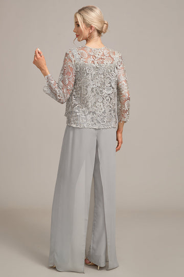 Sølv Chiffon Pant og blonder Top Mor til bruden Wide Pant Suits